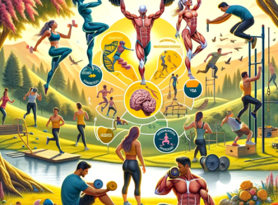 Una imagen educativa y motivacional que ilustra ejercicios para fortalecer el sistema musculoesquelético, manteniendo huesos y músculos fuertes. La escena muestra a personas de diversas edades realizando una variedad de actividades físicas como levantamiento de pesas, yoga, correr y estiramientos. En el fondo, hay un paisaje de un parque soleado para simbolizar un estilo de vida saludable. La imagen también incluye texto inspirador sobre la importancia de los hábitos saludables para mantener un sistema musculoesquelético fuerte. El estilo es vibrante y lleno de energía, con colores brillantes y figuras dinámicas.