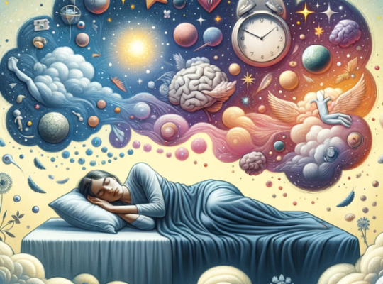 Una representación artística que ilustra la importancia del sueño en la salud mental y física. La imagen muestra a una persona durmiendo pacíficamente en una cama cómoda, rodeada de íconos y elementos simbólicos que representan una mente sana y un cuerpo saludable. Alrededor de la cabeza de la persona, hay nubes suaves y estrellas brillantes que simbolizan la tranquilidad mental y la claridad de pensamiento. Alrededor del cuerpo, hay imágenes de músculos relajados y un corazón fuerte, indicando la salud física. La escena es tranquila y armoniosa, con una paleta de colores suaves y relajantes.