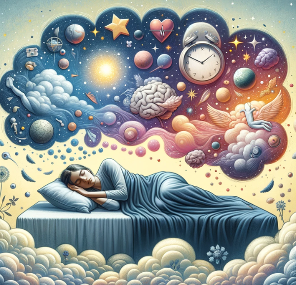 Una representación artística que ilustra la importancia del sueño en la salud mental y física. La imagen muestra a una persona durmiendo pacíficamente en una cama cómoda, rodeada de íconos y elementos simbólicos que representan una mente sana y un cuerpo saludable. Alrededor de la cabeza de la persona, hay nubes suaves y estrellas brillantes que simbolizan la tranquilidad mental y la claridad de pensamiento. Alrededor del cuerpo, hay imágenes de músculos relajados y un corazón fuerte, indicando la salud física. La escena es tranquila y armoniosa, con una paleta de colores suaves y relajantes.